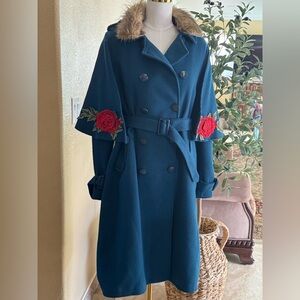 Elegant Blue Trench Coat with Red Floral Accents